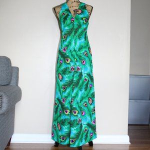 Handmade Peacock Pattern Hawaiian Barkcloth Sleeveless Maxi Dress Women's S